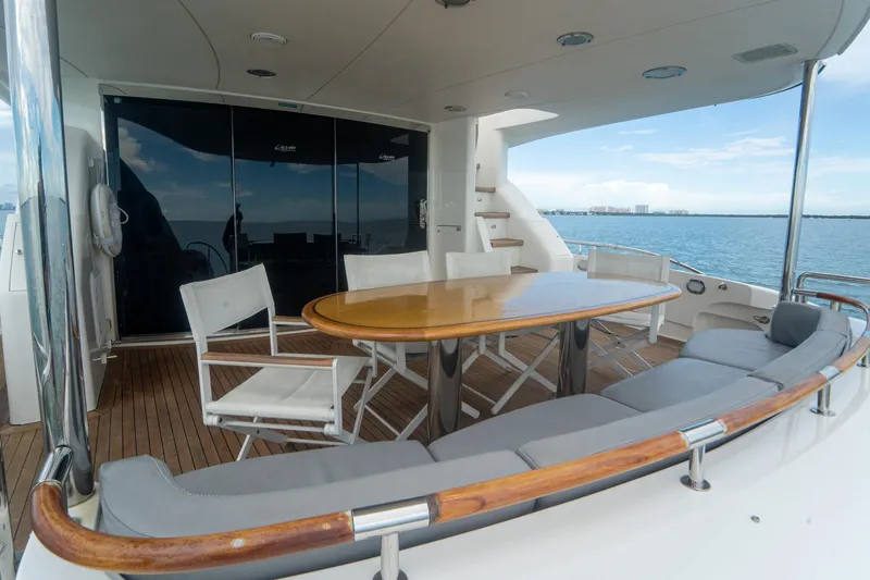 Living The Dream Yacht Photos Pics Luxurious 2008 Lazzara 84 Open Bridge yacht deck with seating and ocean view.