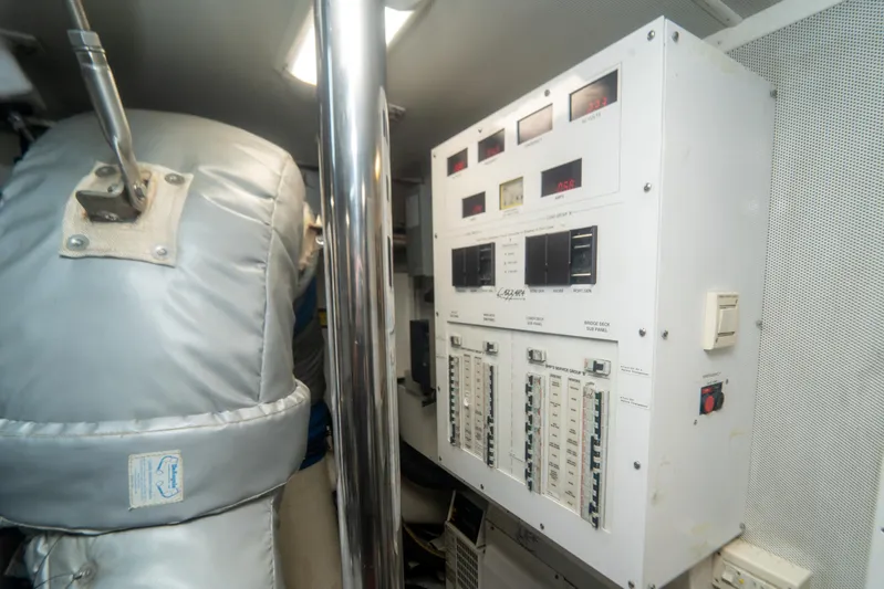 Living The Dream Yacht Photos Pics Electrical control panel in 2008 Lazzara 84 Open Bridge yacht engine room.