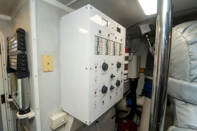 Living The Dream Yacht Photos Pics Control panel in the engine room of a 2008 Lazzara 84 Open Bridge yacht.
