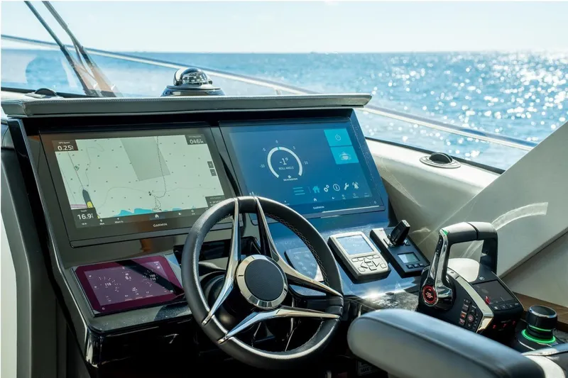 Eclipse 505 Shadow 003 Yacht Photos Pics Cockpit of 2026 ECLIPSE 505 Shadow yacht with advanced navigation displays.