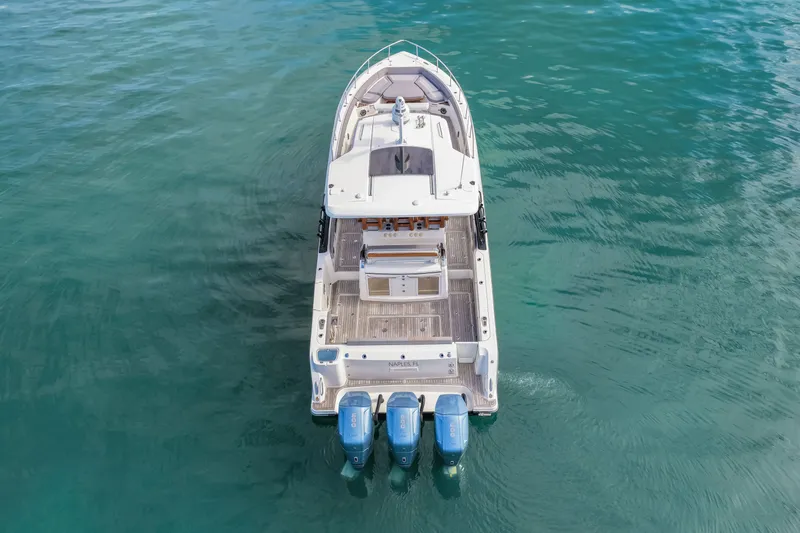  Yacht Photos Pics Aerial view of 2023 Boston Whaler 420 Outrage on the water.