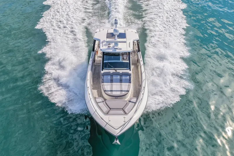  Yacht Photos Pics Boston Whaler 420 Outrage 2023 on water, aerial view.