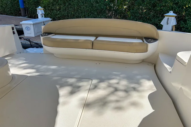  Yacht Photos Pics 2015 Meridian 441 Sedan boat interior with beige seating and spacious deck area.