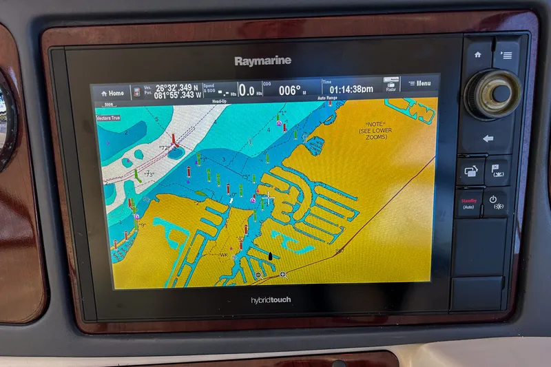  Yacht Photos Pics Raymarine navigation display on 2015 Meridian 441 Sedan, showing detailed marine chart.