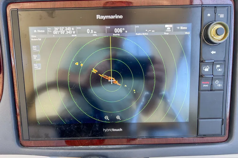  Yacht Photos Pics Raymarine radar display on 2015 Meridian 441 Sedan, showing navigation data and coordinates.