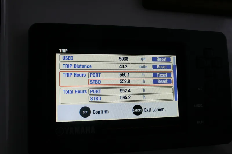 Catcher Yacht Photos Pics Yamaha display showing trip data for Ocean Sport Roamer 30, 2019 model.