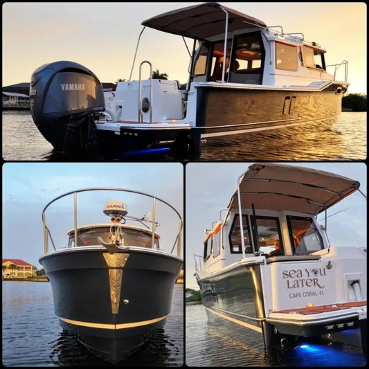 Yacht Photos Pics 2022 Ranger Tugs R-27 boat with Yamaha engine, docked at sunset, Cape Coral, FL.