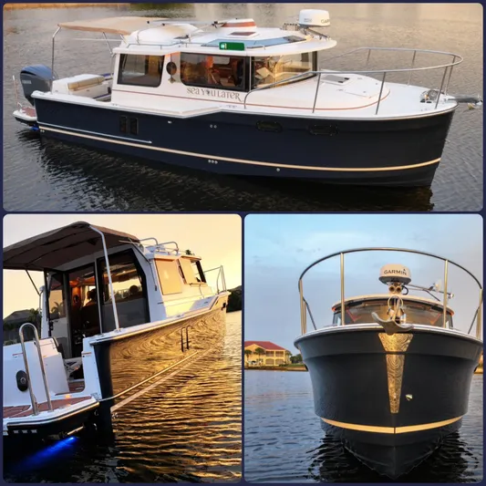  Yacht Photos Pics 2022 Ranger Tugs R-27 boat on water, showcasing side and front views.