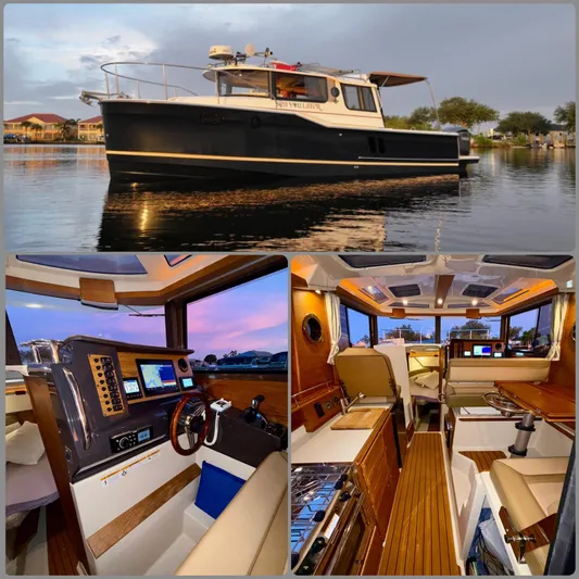  Yacht Photos Pics 2022 Ranger Tugs R-27 boat on water, featuring luxurious interior and modern navigation controls.