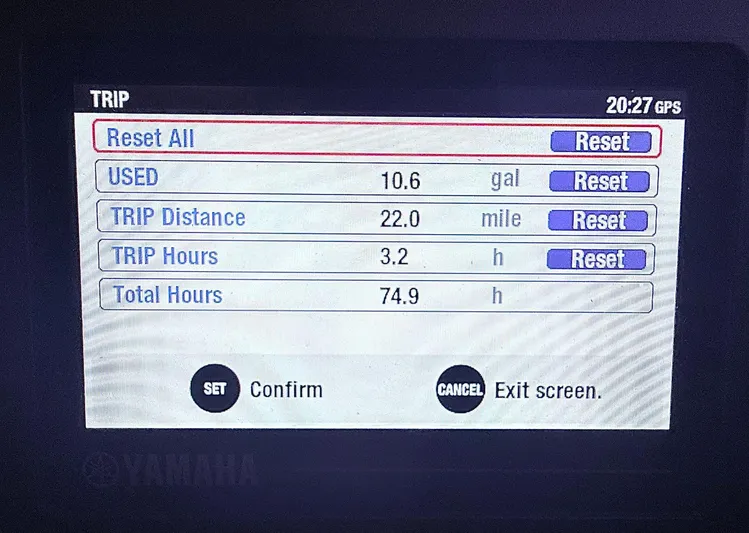  Yacht Photos Pics Dashboard display of a 2022 Ranger Tugs R-27 showing trip data: fuel used, distance, and hours.