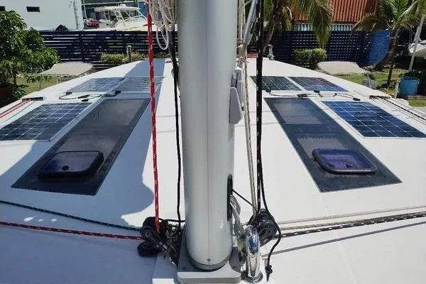 Susie Sea Yacht Photos Pics Nautitech 46 Open 2019 catamaran deck with solar panels and mast.