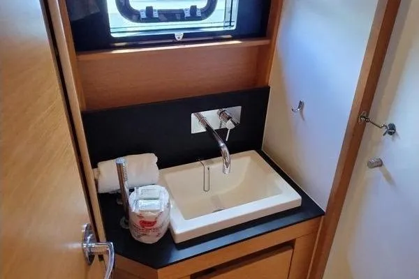 Susie Sea Yacht Photos Pics Modern bathroom sink in 2019 Nautitech 46 Open yacht, featuring sleek design and amenities.