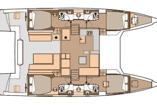 Susie Sea Yacht Photos Pics Floor plan of 2019 Nautitech 46 Open catamaran, featuring spacious cabins and living areas.