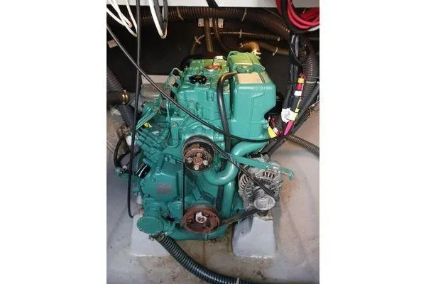 Susie Sea Yacht Photos Pics Engine compartment of a 2019 Nautitech 46 Open catamaran, showcasing mechanical components and wiring.
