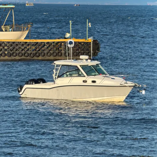 Fortunate Son Yacht Photos Pics 2013 Boston Whaler 315 Conquest boat on calm water near a dock.