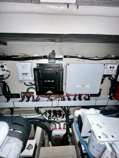 Perridice Yacht Photos Pics Engine room of 2017 Sea Ray Sundancer 510 yacht, showcasing electrical systems and components.