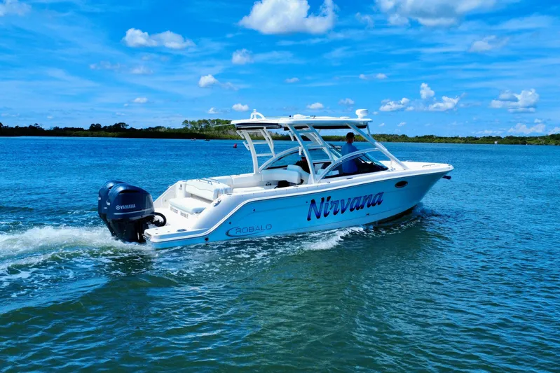  Yacht Photos Pics 2019 Robalo R317 Dual Console boat cruising on a sunny day.