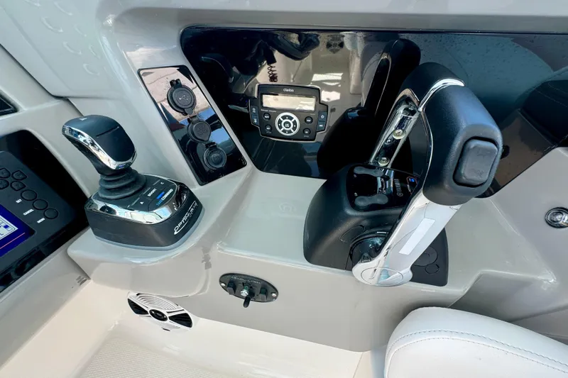  Yacht Photos Pics 2019 Robalo R317 Dual Console boat controls and dashboard with joystick and throttle.
