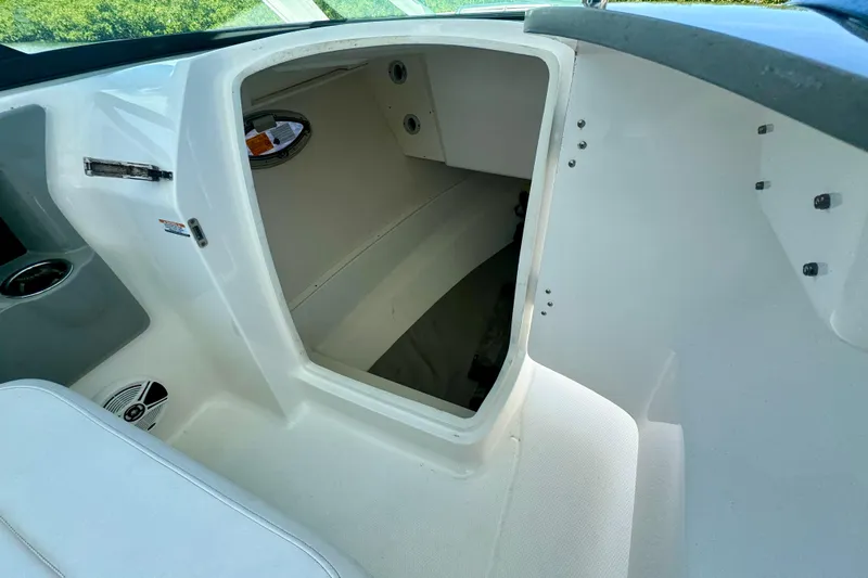  Yacht Photos Pics 2019 Robalo R317 Dual Console interior storage compartment with open door.