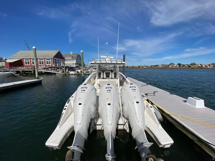  Yacht Photos Pics 2022 Pursuit 378S boat docked with triple 425 V8 engines.