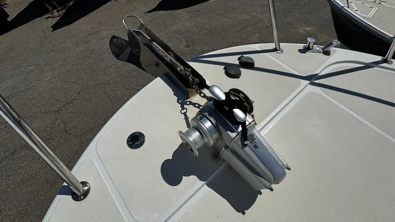 Leto Yacht Photos Pics Anchor winch on 2001 American Tug 34 boat deck.