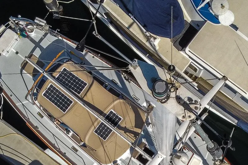 Wind Star Yacht Photos Pics Overhead view of 1986 Liberty 49 sailboat with solar panels on deck.