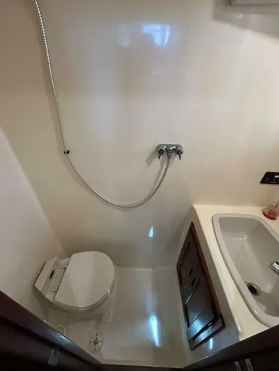 Hercules Yacht Photos Pics Compact bathroom in 2000 Nordic Tug 42 Millennium with toilet, sink, and shower.