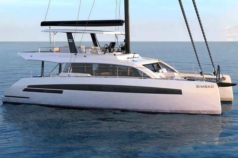  Yacht Photos Pics Luxury Simbad 55 catamaran yacht, 2025 model, sailing on calm ocean waters.