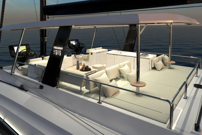  Yacht Photos Pics Luxurious 2025 Simbad 55 yacht with modern seating and navigation systems at sunset.