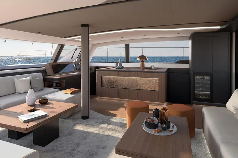  Yacht Photos Pics Luxurious interior of 2025 Simbad 55 yacht with modern furnishings and ocean view.