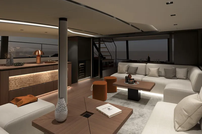  Yacht Photos Pics Luxurious interior of 2025 Simbad 55 yacht with modern furnishings and ambient lighting.