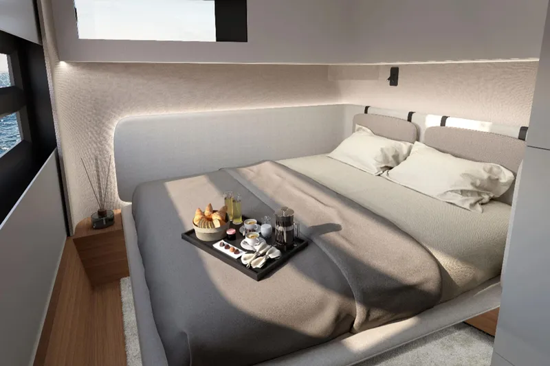  Yacht Photos Pics Luxurious Simbad 55 yacht bedroom with breakfast tray, modern design, 2025 model.