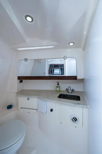 Kirby 107 Yacht Photos Pics 2014 Everglades 350LX boat bathroom with sink, mirror, and toilet.