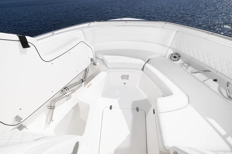  Yacht Photos Pics Manufacturer Provided Image: 2025 Pursuit DC 326 Dual Console boat interior with white seating and open storage.
