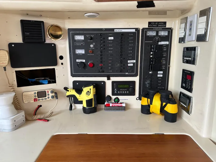 Bat Ha Yam Yacht Photos Pics Control panel of a 2001 Leopard 47 yacht with navigation and communication equipment.