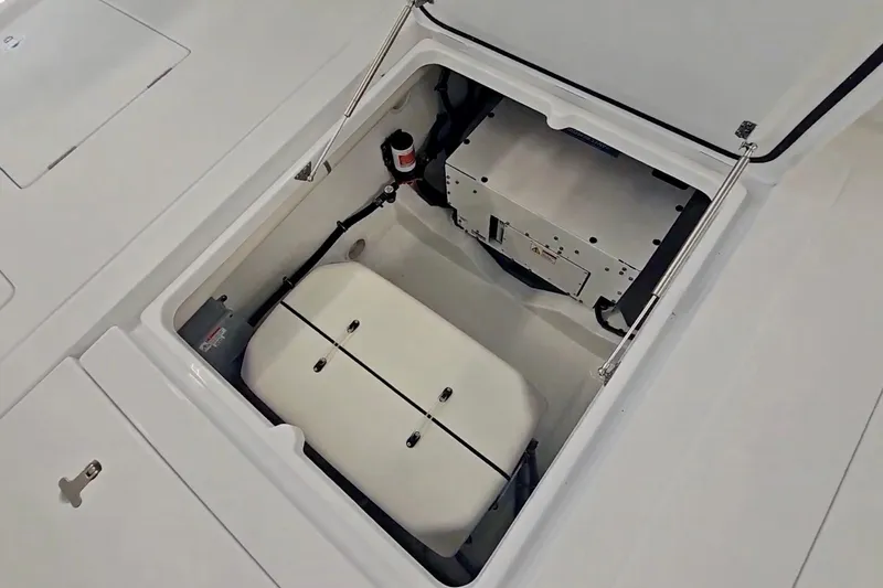  Yacht Photos Pics 2025 Intrepid 43 Nomad SE storage compartment with equipment and secure fittings.