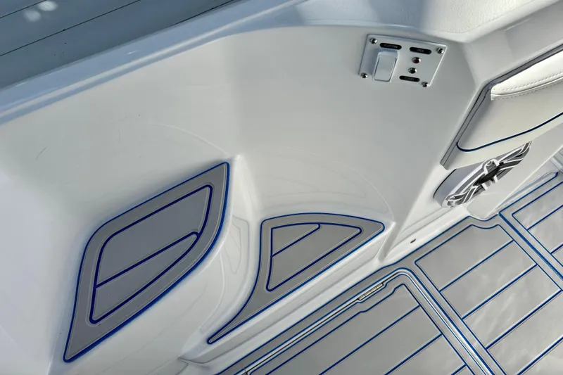 La Tuya Yacht Photos Pics Interior detail of 2025 Intrepid 43 Nomad SE boat, featuring sleek design and modern controls.