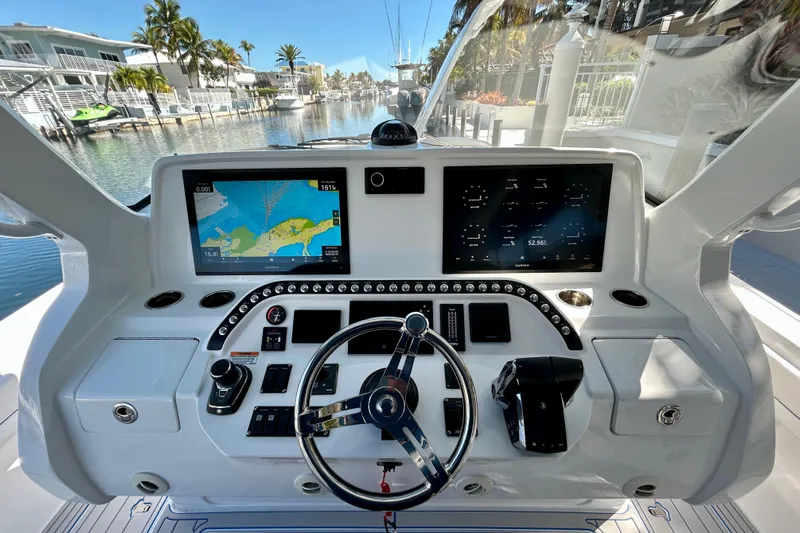 La Tuya Yacht Photos Pics Helm of 2025 Intrepid 43 Nomad SE with advanced navigation displays and controls.