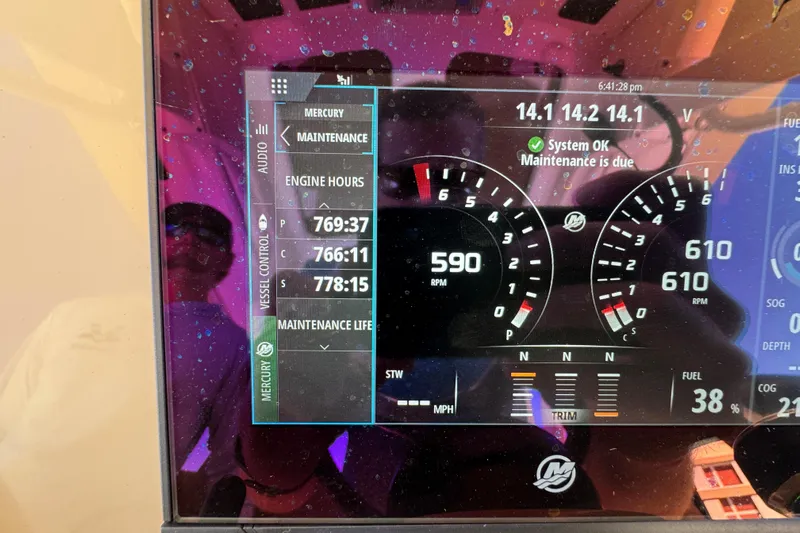  Yacht Photos Pics Dashboard of 2019 Scout 355 LXF showing engine hours and maintenance status.