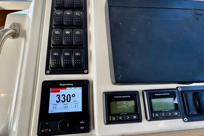 Changes In Latitude Yacht Photos Pics Control panel of 2022 Beneteau Swift Trawler 41 Fly with Raymarine and Volvo Penta displays.
