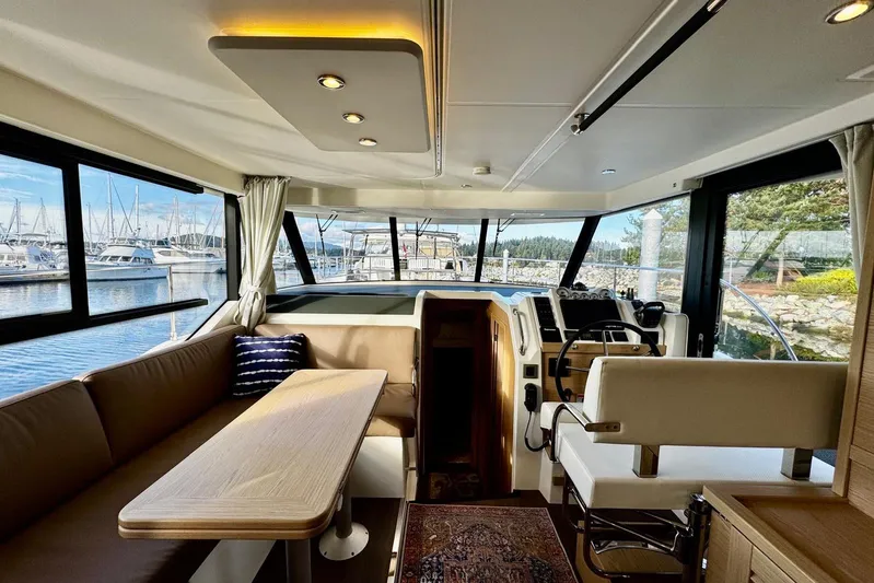 Changes In Latitude Yacht Photos Pics Interior of 2022 Beneteau Swift Trawler 41 Fly, featuring helm and seating area.