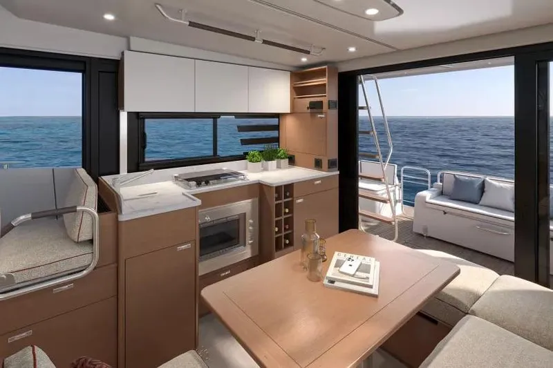  Yacht Photos Pics Luxurious interior of 2026 Beneteau Swift Trawler 37 with ocean view and modern amenities.