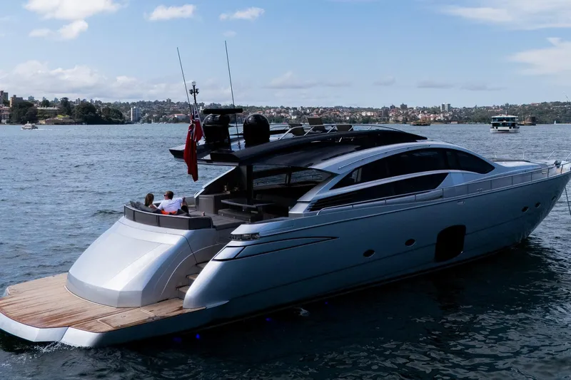 My Veloce Yacht Photos Pics Luxury 2013 Pershing 82 yacht cruising on a scenic waterway.