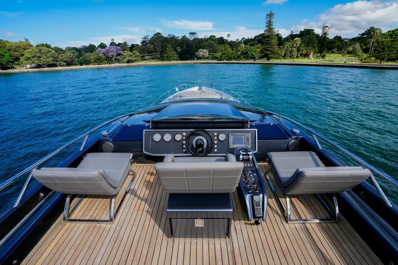 My Veloce Yacht Photos Pics Luxurious 2013 Pershing 82 yacht helm with scenic waterfront view.