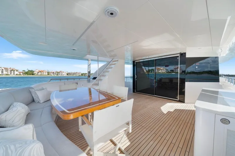 Valiant Yacht Photos Pics Luxurious Horizon E81 yacht deck with elegant seating and ocean view, 2022 model.