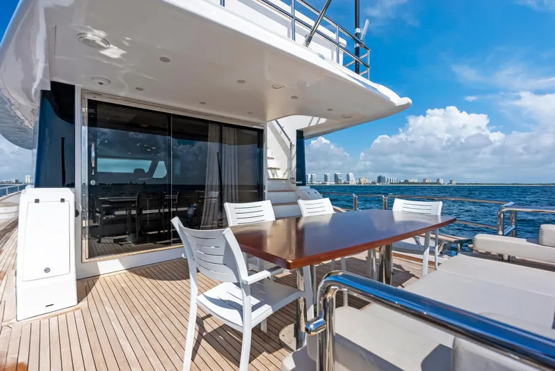  Yacht Photos Pics Luxurious 2016 Azimut Magellano 76 yacht deck with dining area, ocean view.