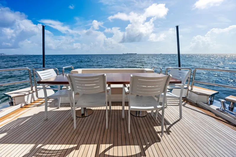  Yacht Photos Pics Deck view of 2016 Azimut Magellano 76 yacht with ocean backdrop and seating area.