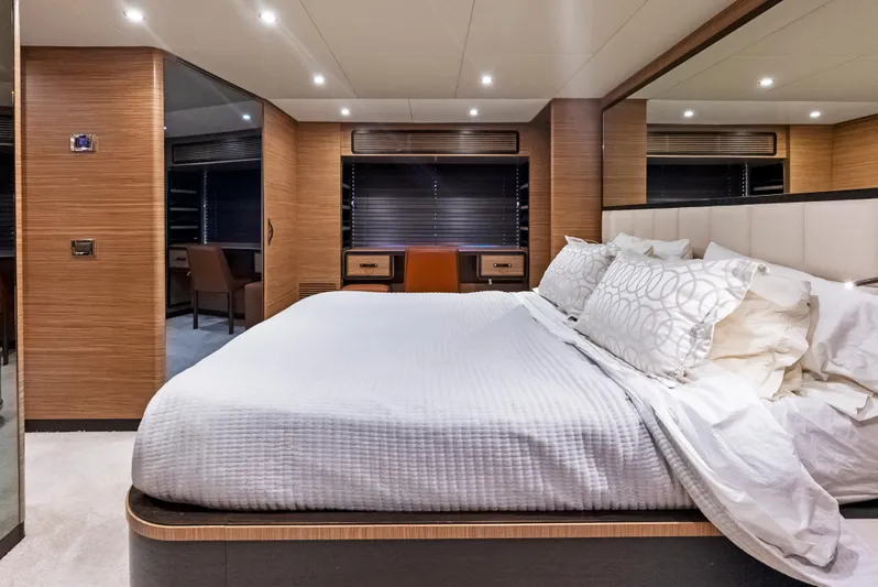  Yacht Photos Pics Luxurious bedroom interior of 2016 Azimut Magellano 76 yacht with modern design.