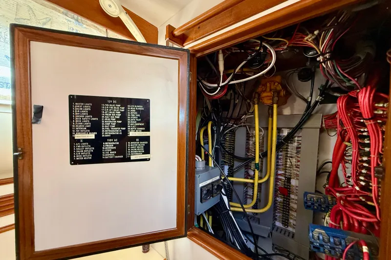 Treasure Yacht Photos Pics Electrical panel and wiring inside a 1997 Offshore Yachts 48 Sedan.