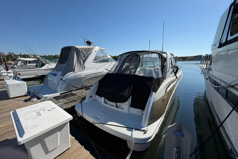 Cool Change Yacht Photos Pics 2008 Formula 350 Sun Sport docked at marina under clear blue sky.